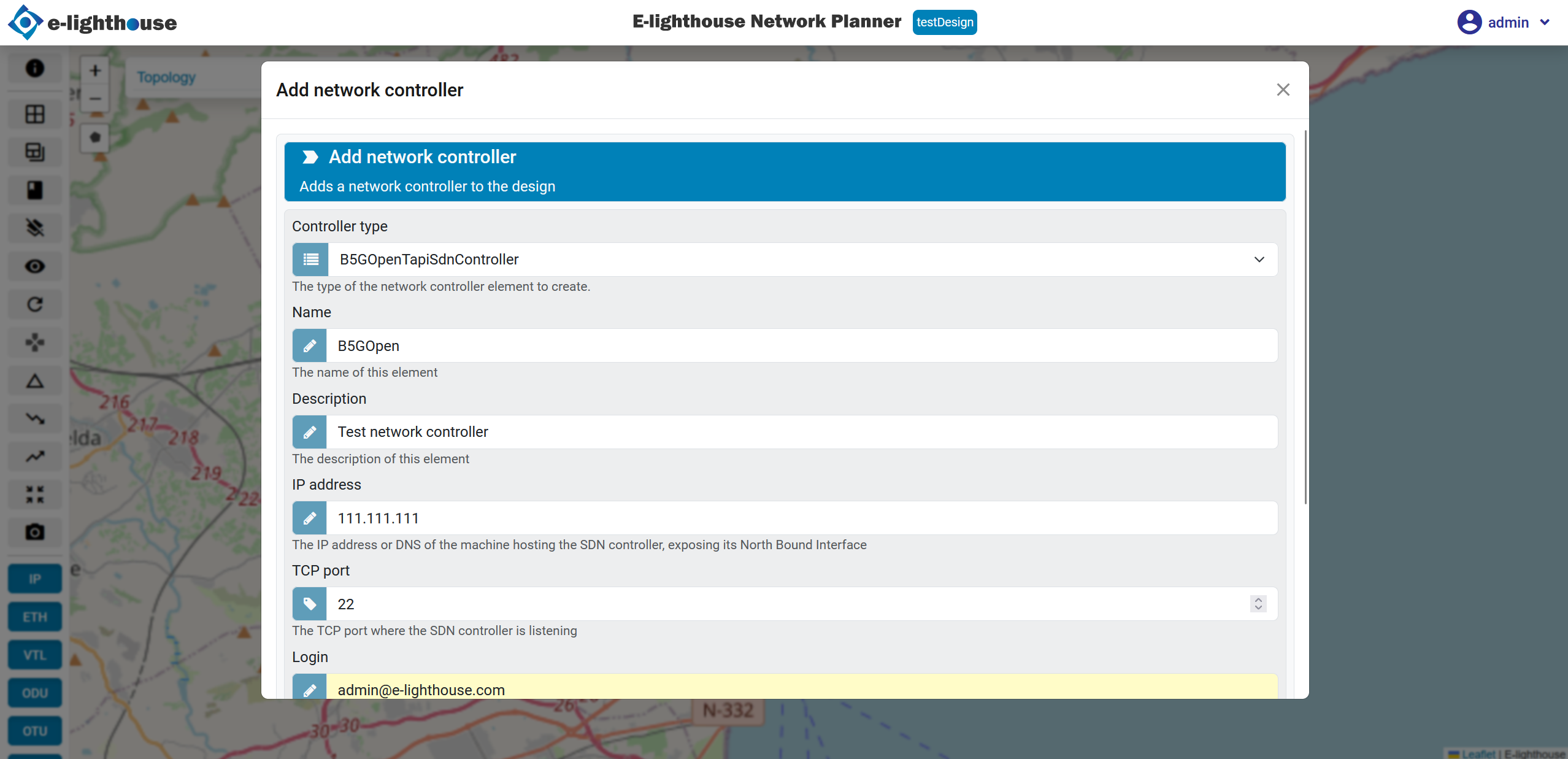 Form to complete to create a network controller